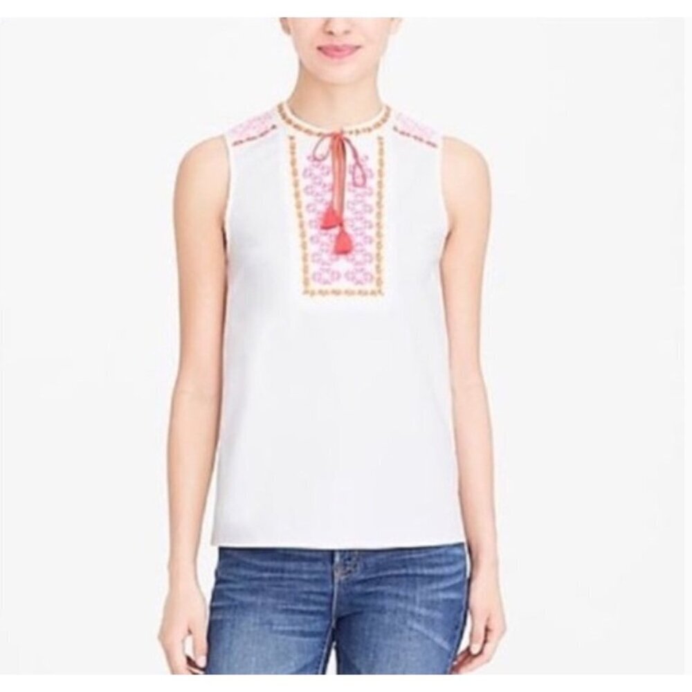 J.Crew White Embroidered Sleeveless Boho Top Tassel Tie Cotton Blend Size 4